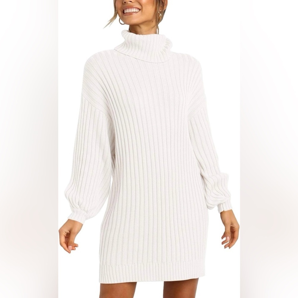 YIBOCK White Ribbed Turtleneck Sweater Dress Size S - Picture 2 of 6